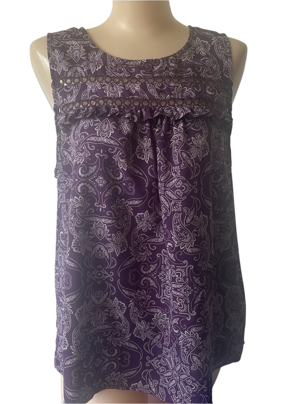 Purple Paisley Sleeveless Babydoll Top Sz L or XL Ruffle & Open Cut Out Design